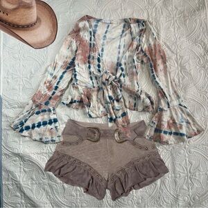 Tie-Dye Bell Sleeve Top tie front ruffle blouse boho western sz s VENUS